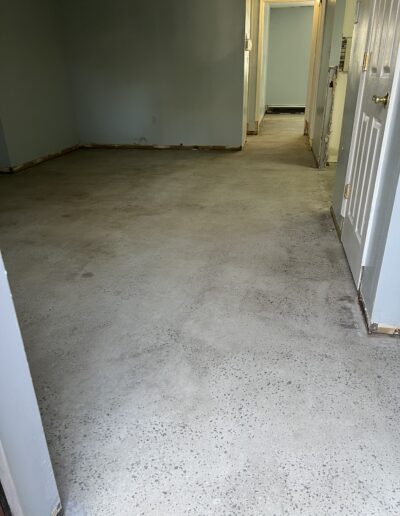 image shows a hallway with a dirty carpet. There's a door on the right side of the picture